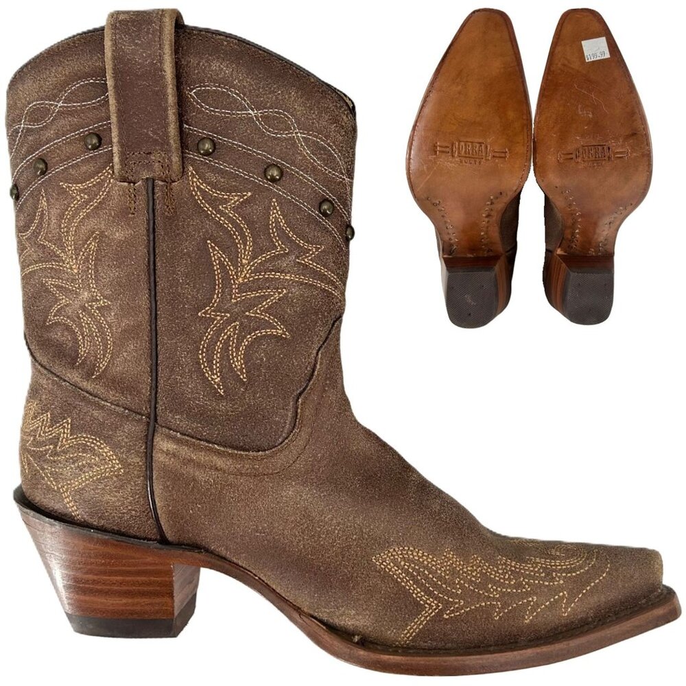 Corral Boots Women's 8M Brown Suede Leather Studded Ropers Cowboy Western Boots